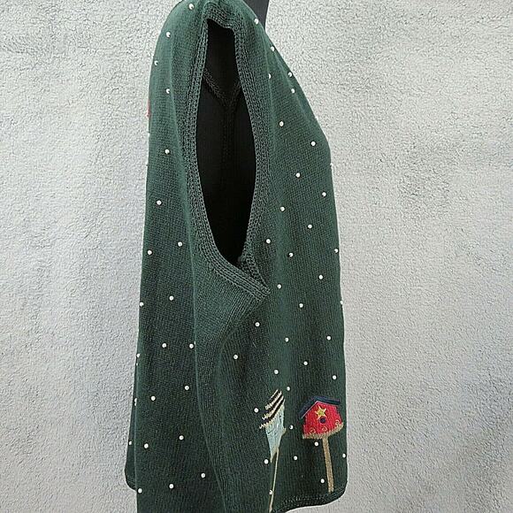 Vtg 90s CJ Banks Sweater Vest Women 1X Knit Bird Houses Green Beads Spring Fall - Picture 7 of 11